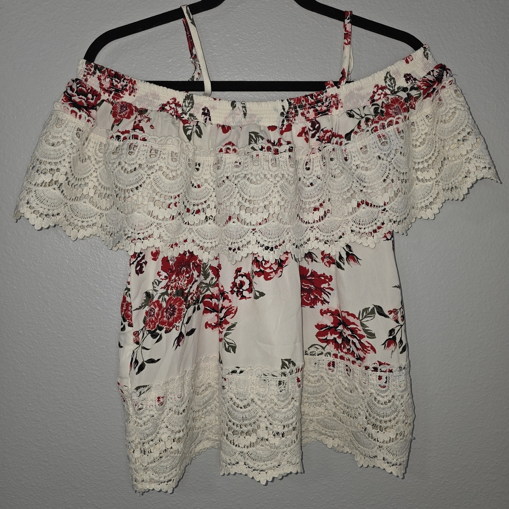 No Boundaries Red Floral Lace Blouse